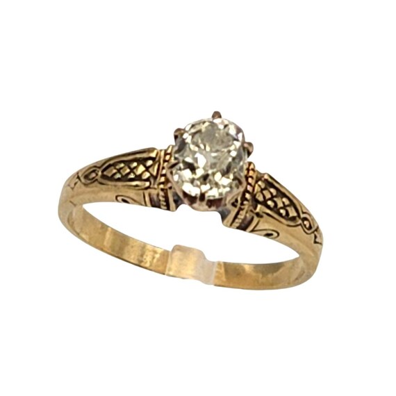 Vintage 18 Kt. Gold Solitaire Diamond Engagement Ring With Intricate Carvings .50 Ct.