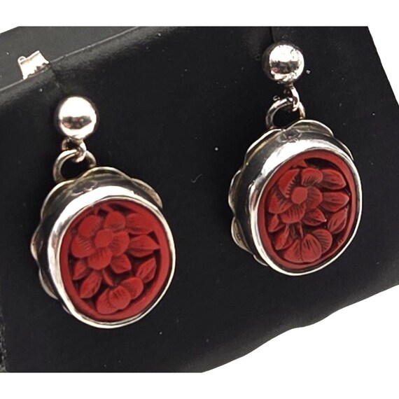 Vintage Sterling Silver Hand-Carved Cinnabar Floral Stud Earrings With 3/4" Drop & 1/2" x 3/8" Oval Bezel Set Carving