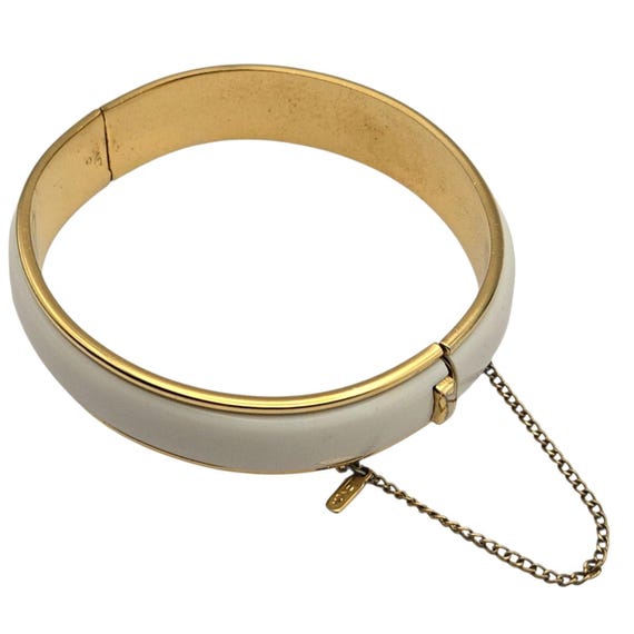 Vintage Monet Gold Tone Bangle Bracelet With White Inset & Chain