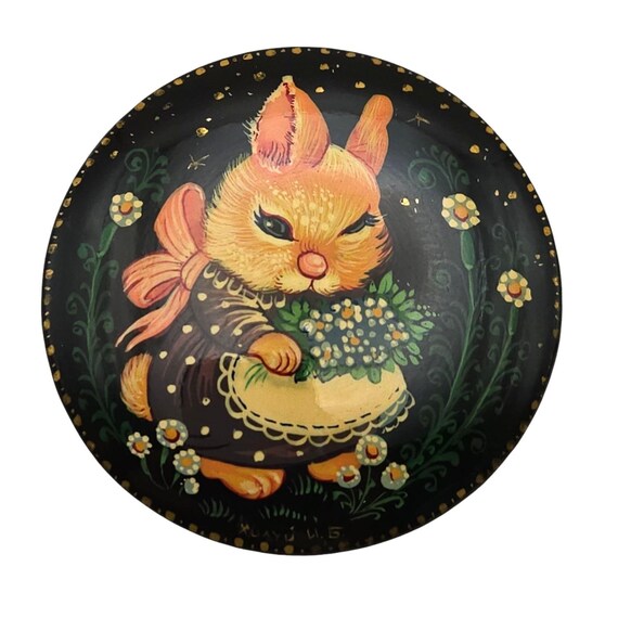 Vtg Russian Hand-Painted Black Lacquer Brooch With Bunny & Floral Design Artist Signed Easter Theme Round Pinback Accessory
