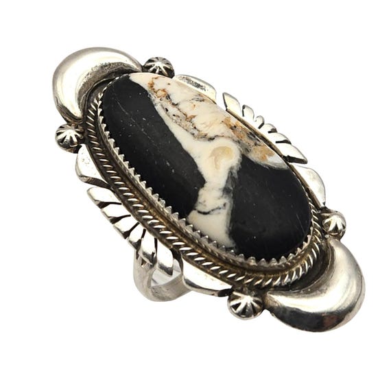 Vtg Navajo Sterling Silver & White Buffalo Agate Ring Signed Jon McCray Handmade Native American Jewelry