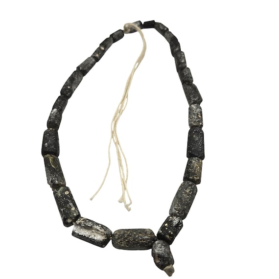 Antique Roman Glass Beaded Necklace Circa 200 BC Hand-Strung Round & Tubular Beads 8 1/2" Length 3/8" Avg. Width