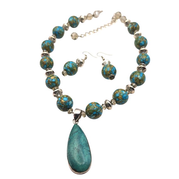 Vtg Handcrafted Silver / Agate Beaded Necklace w/ Pendant & Matching Earrings Set