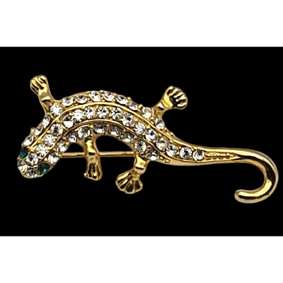 Rhinestone Gecko Lizard Brooch Pin Gold Tone