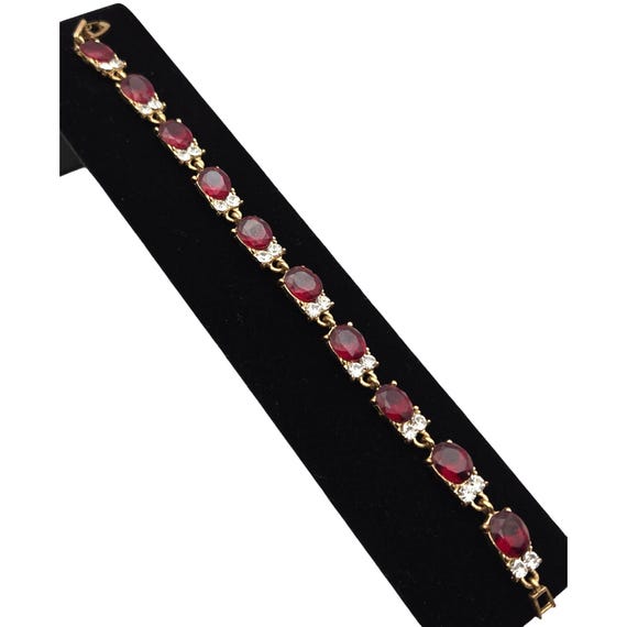Vintage Red & Clear Rhinestone Link Bracelet 7 1/2" Elegant Gold-Tone Jewelry