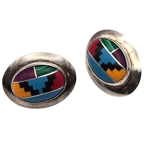 Vtg Sterling Silver Southwest Inlay Gemstone Stud Earrings Oval Multicolor Design