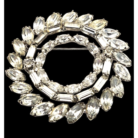Vintage Marquise & Baguette Rhinestone Circle Brooch 2 "
