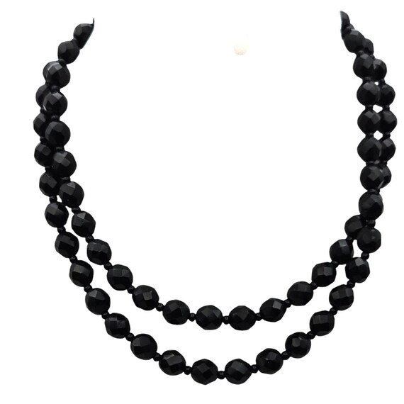Vintage Faceted Black Glass Bead Necklace 30" Elegant Double-Strand Design Layered Necklace