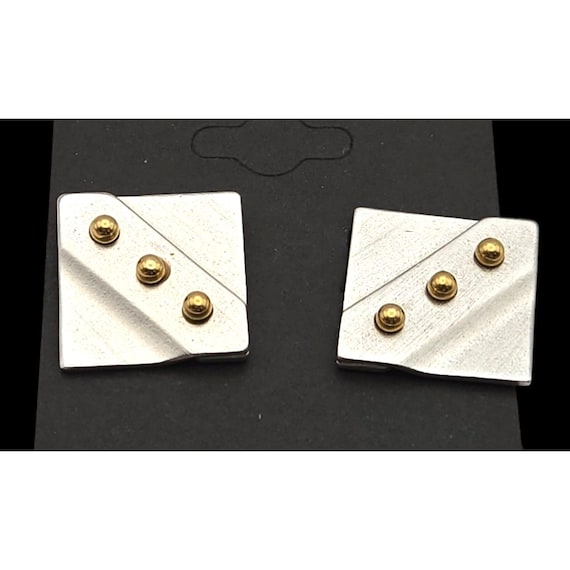 Vtg Monet Silver & Gold-Tone Clip-On Earrings With Geometric Design 3/4 " x 3/4 "