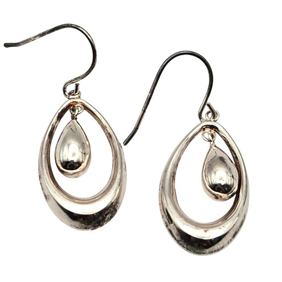 Vintage Silver Oval Hoop Earrings W/ Center Dangle 1 1/2" Drop Elegant Timeless Jewelry Statement Piece