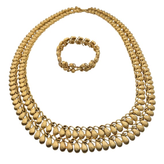 Vtg Gold Tone Double Strand Necklace & Bracelet Set By Crown Trifari Alfred Philippe 1960's