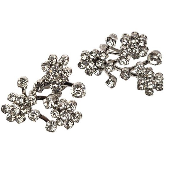 Vintage Rhinestone Floral Screw Back Earrings Silver Tone 1 1/8 " x 1 "