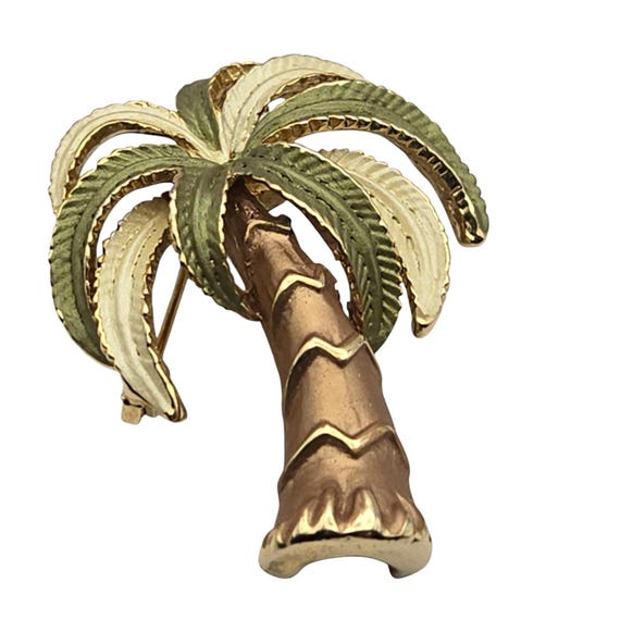 Gold-Tone & Enamel Palm Tree Brooch Pin Vintage Jewelry Accessory 2 " X 1 1/2 "