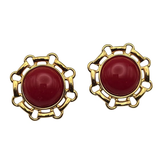 Vtg Monet Red Button Clip-On Earrings With Red Lucite Centers & Gold-Tone Design