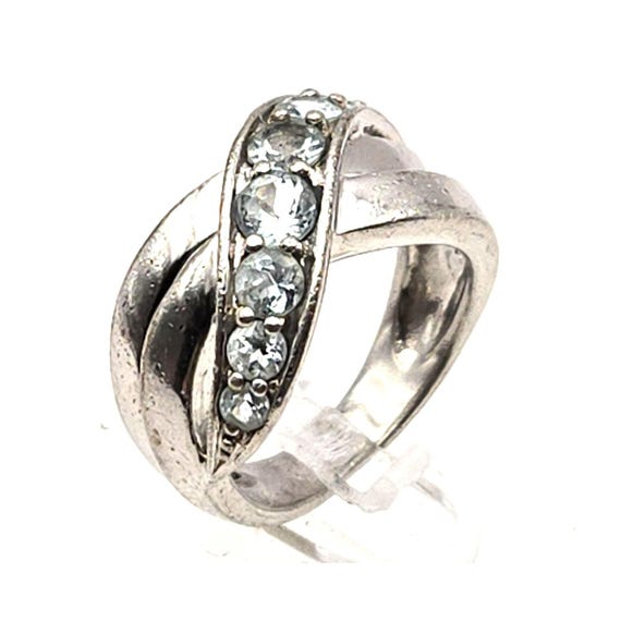 Vtg Sterling Gemstone Cross Over Ring With Aqua Blue Stones & Twisted Design Size 6