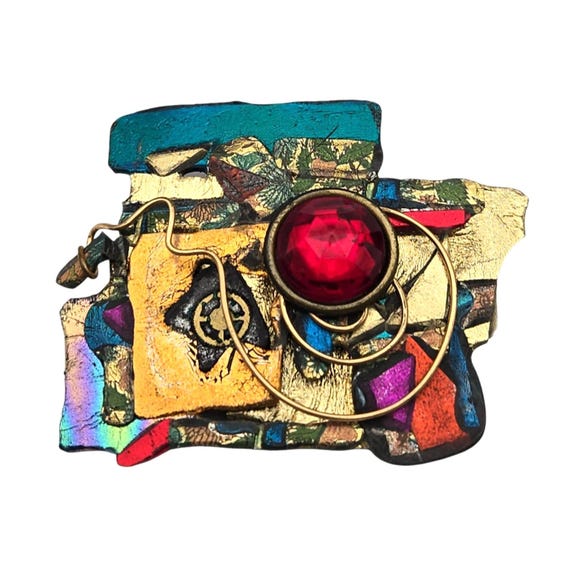 Handmade Painted Abstract Brooch With Red Gemstone & Gold Wire Accents 2 3/8 " X 1 3/4 "