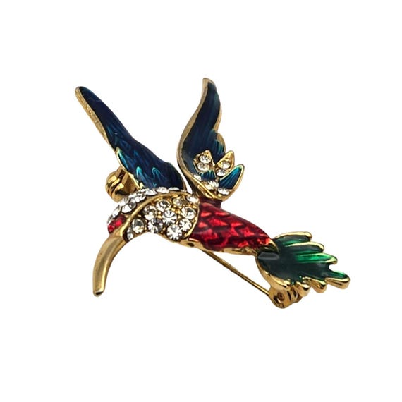 Vintage Rhinestone Guilloche Enamel Hummingbird Brooch Pin In Vibrant Blue Green & Red With Crystal Accents