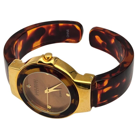 Vtg Joan Rivers Faux Tortoise Gold-Tone Hinged Cuff Watch Quartz 2.5" X 1.5" New Battery Running