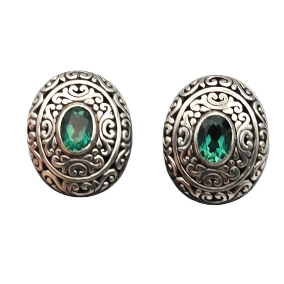 Vtg Sterling Silver Earrings W/ Faceted Green Amethyst Gemstones & Ornate Filigree Design Oval Omega Back 3/4" X 5/8"