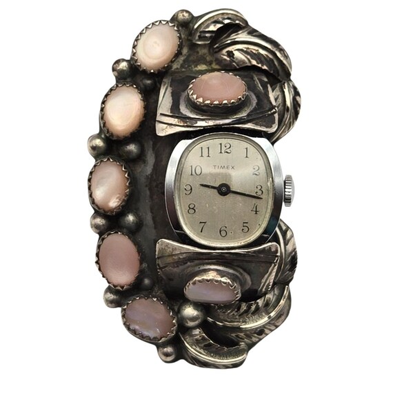 Vintage Native American Handcrafted Silver Watch Ring With MOP Pink Cabochons & Timex Watch (Not Running)