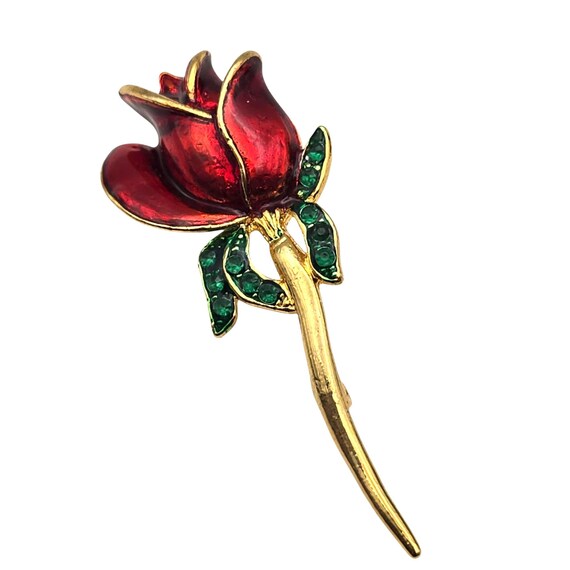 Vintage Red Enamel Rose Brooch Pin With Green Rhinestone Leaves Gold-Tone Finish Elegant Floral Jewelry 2 3/8" X 1"