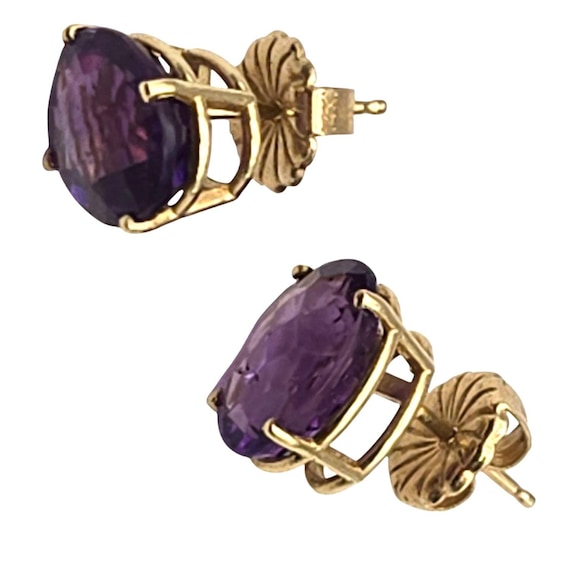 Vtg 14 Kt Yellow Gold Amethyst Cushion Cut Stud Earrings 10x8mm Brilliant Faceted Stones 2.37 Grams Jewelry Gift