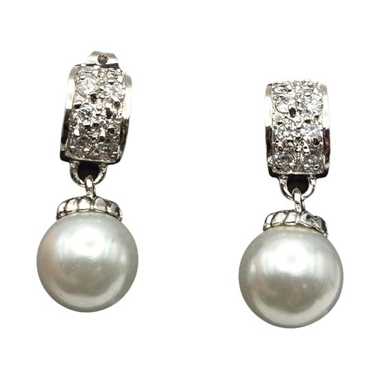 Vtg Sterling Silver Rhinestone Faux Pearl Drop Stud Earrings 10 mm