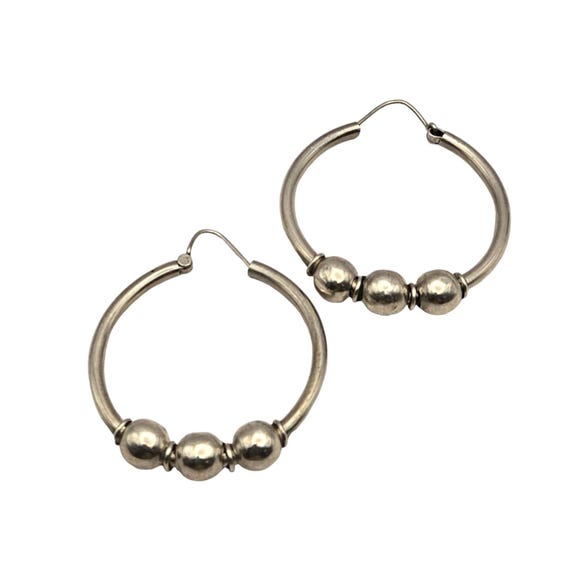 Sterling Silver Hoop Earrings With Three Beaded Accents