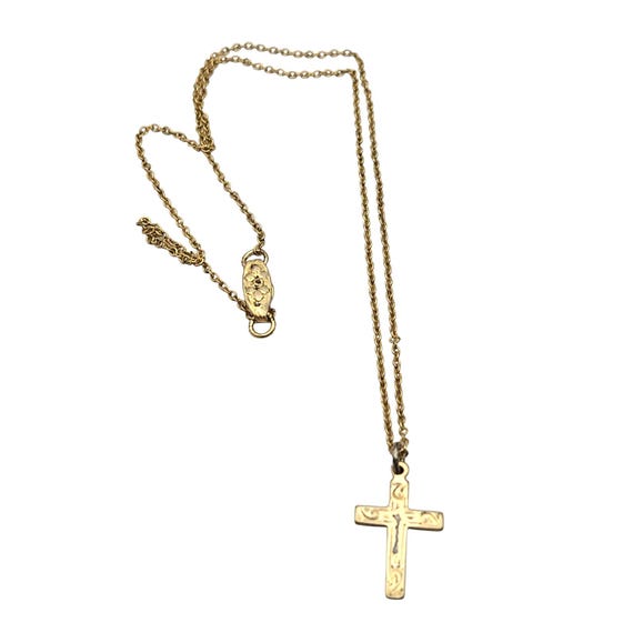 Vtg Victorian Petite Cross Necklace 10K Gold Filled 7.5" Choker 14" Slimline Chain 3/4" Cross Length With Victorian Style Clasp