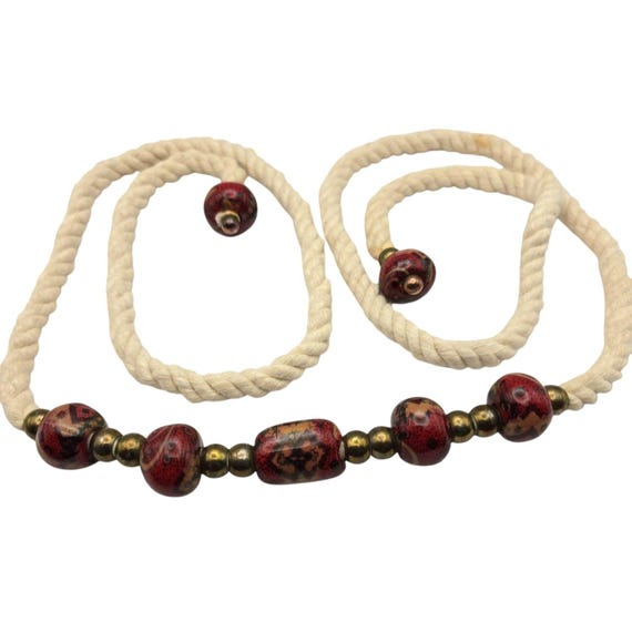 Vintage Tibetan Style Handmade Cream Rope Necklace With Ceramic Beads 50" Length Versatile For Necklace Or Belt Sash