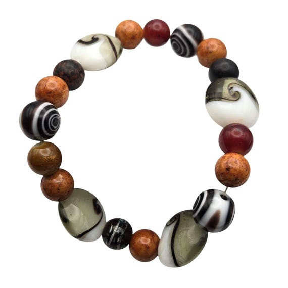 Vintage Artistic Stone Beaded Stretch Bracelet With Swirl Design 6 1/2