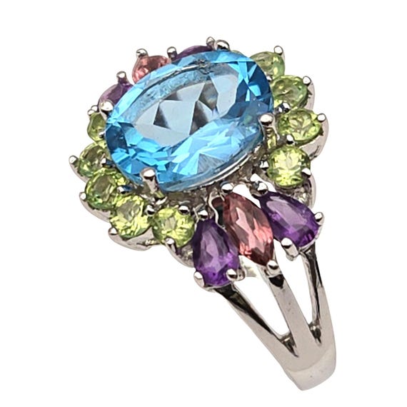 Sterling Silver 925 Blue Topaz Peridot Amethyst Gemstone Cocktail Ring Size 10 Vintage Style