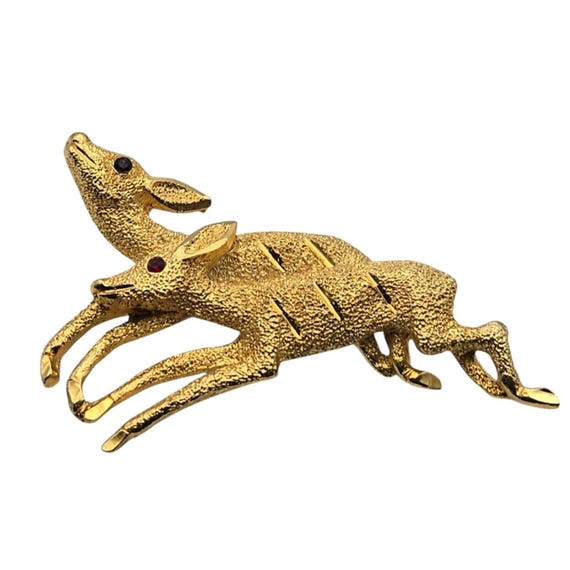 Vintage B.S.K. Running Deer Brooch Pin With Rhinestone Eyes & Textured Gold Tone Finish
