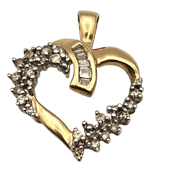 Vtg 14K Gold Diamond Heart Pendant W/ Approx. 1/2 Ct Round/Baguette Stones 3/4" X 7/8" Romantic Jewelry