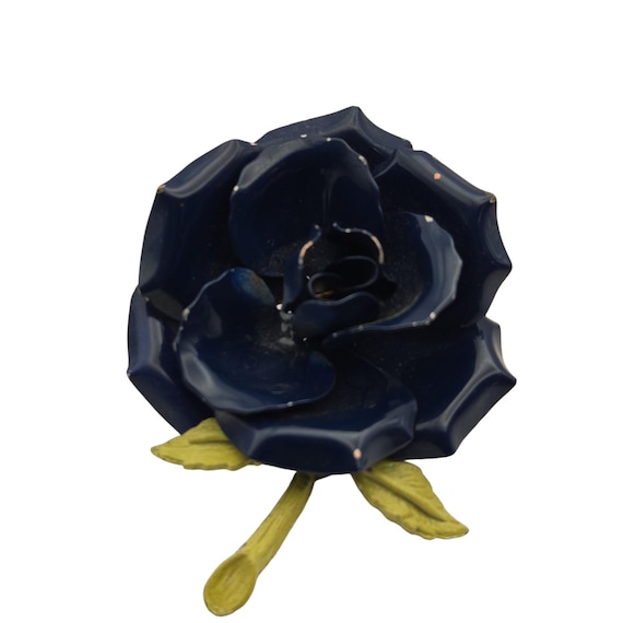 Vintage Navy Blue Enamel Rose Brooch Pin Circa 1960