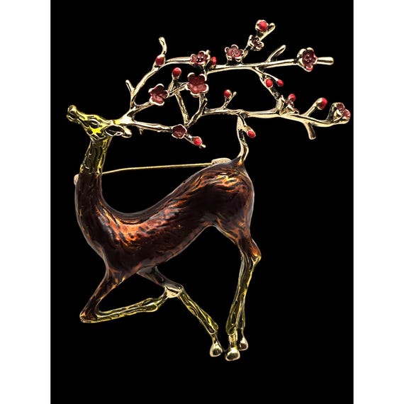 Vintage Reindeer Brooch Pin With Enamel Floral Antlers