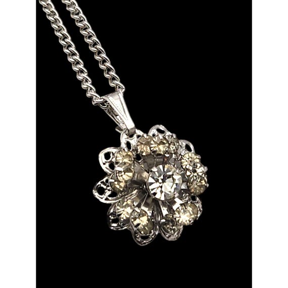 Sarah Coventry Vintage Silver-Tone Necklace With Flower Rhinestone Pendant 9 1/2 "