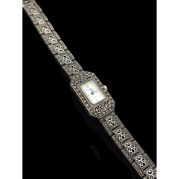 Vtg Boma Ladies Quartz Wristwatch W/ Marcasite Accents Elegant Silver-Tone Vintage Style Jewelry