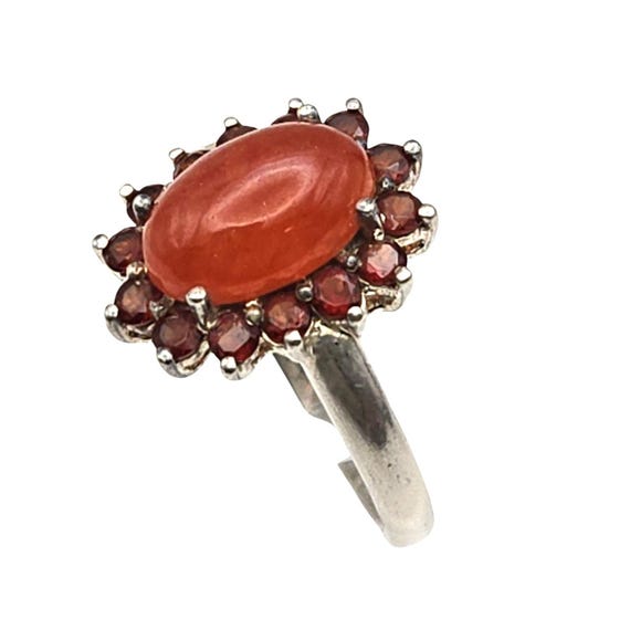 Vtg Sterling Silver Oval Gemstone Cocktail Ring W/ Red Cabochon Center & Accent Stones Size 9