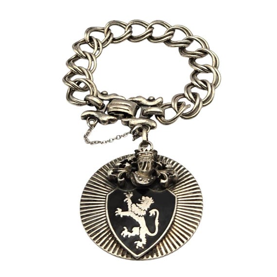 Vintage Barclay Silver-Tone Chain Bracelet With Rampant Lion Crest Medallion