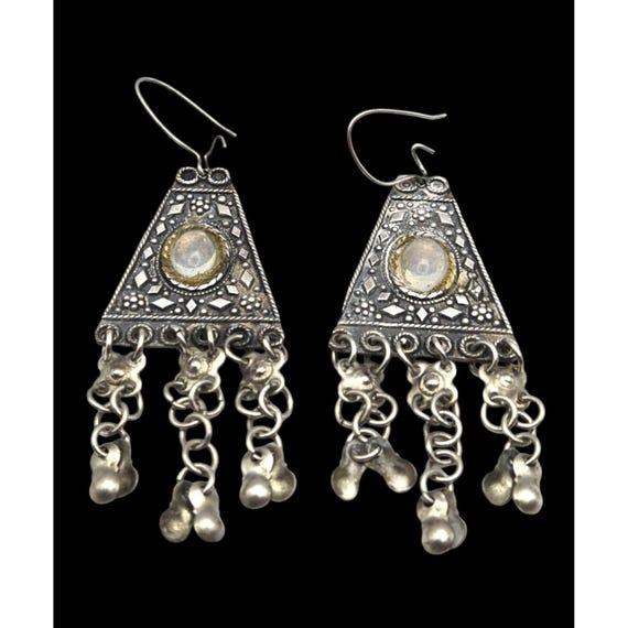 Vintage Sterling Silver 925 Triangle Dangle Earrings With Filigree Design & Rutilated Quartz Stone