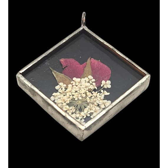 Vintage Square Pressed Flower Necklace Pendant Silver Frame