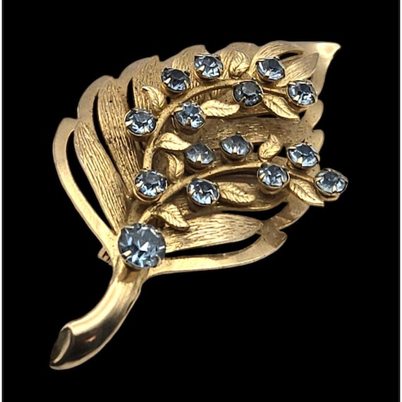 Vintage Gold-Tone Leaf Brooch With Blue Rhinestones