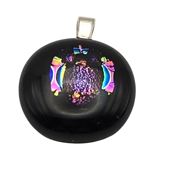 Black Dichroic Glass Pendant With Iridescent Accents & Silver Bail 1 " X 3/4 "