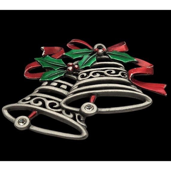 Vintage J.J. Jonette Christmas Bells Brooch Pin With Rhinestones & Enamel Accents