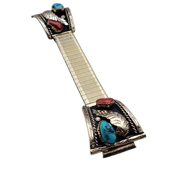Native American  12 kt. Gold Filled Watch Band With Turquoise & Coral Inlays Artist Signed