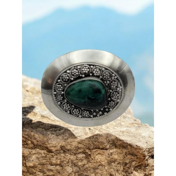 Vintage Sterling Silver & Green Turquoise Brooch Pin-Israel