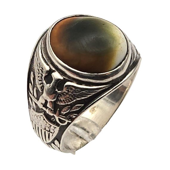 Mens Vintage Style Silver Ring W/Eagle Engraving & Nephrite Jade Gemstone Size 10.5