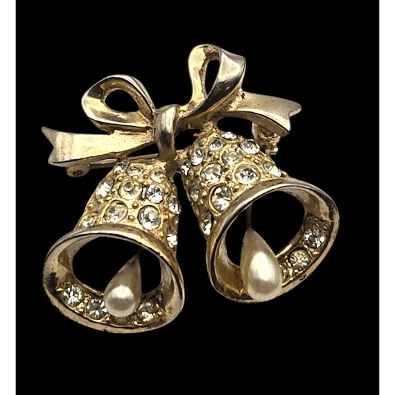 Vintage Gold Tone Bell Brooch With Rhinestones & Faux Pearls