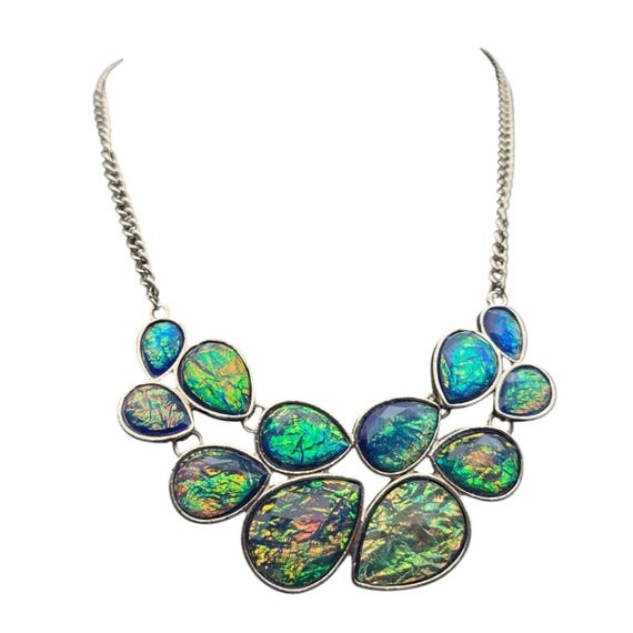 Iridescent Teardrop Statement Necklace With Adjustable Chain Opal-Inspired Stones For Women Unique Design & Bold Colors 17 "